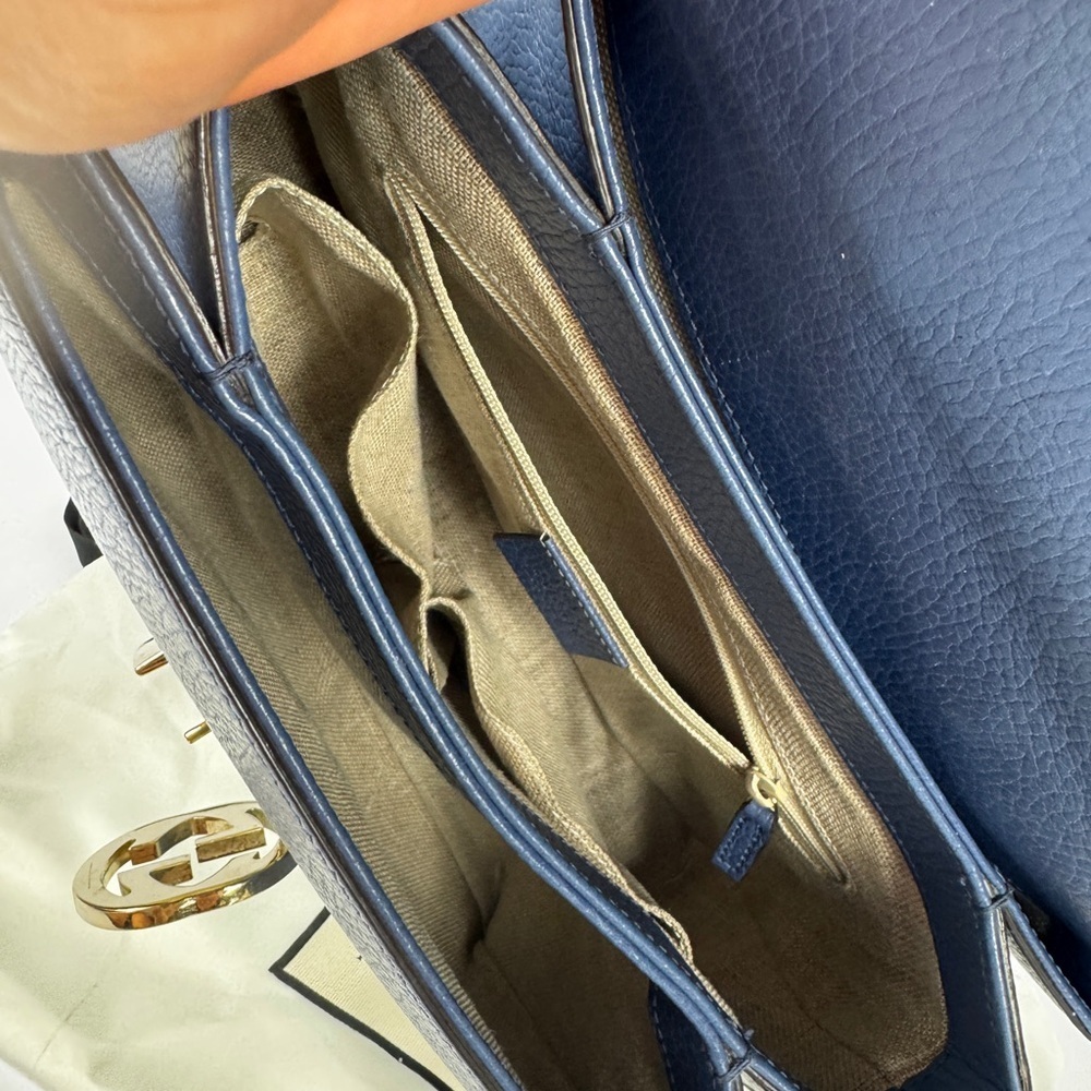 Gucci GG Interlocking Navy Leather Satchel with Gold Chain Made in Italy - Picture 9 of 15